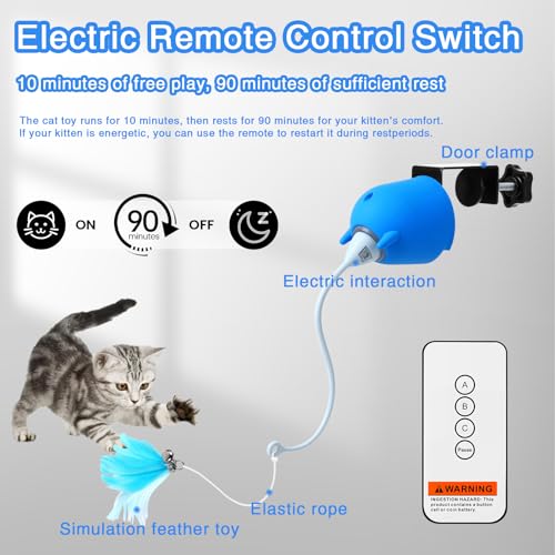 Cat Toys Interactive for Indoor Cats, Rechargeable Toy Hanging Door Electric with 4pcs Feathers Toys for Bored Kittens (Blue) - color: Blue