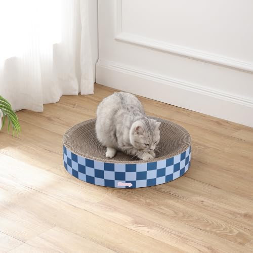 CSR1010B Nelson 20.13" Modern Cardboard Round Bowl Cat Scratcher with Catnip, Blueberry - color: Navy/Blue
