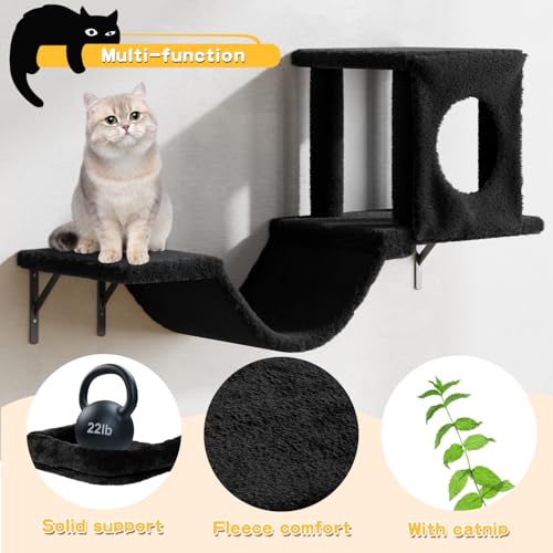 NUNU LAB Wall Mounted Cat Furniture, 6 Pcs Cat Wall Shelves with Condo House, Bridge, Steps, Scratcher, Hammock, Indoor Safe & Stable Furniture for Kittens Play, Black