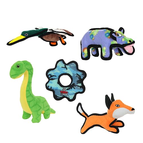 TUFFY® 5 Pack Jr Duck, Hippo, Fox, Brachiosaurus & Gear Ring Dog Toys - color: 5PK Multi-color Duck Fox Gear Hippo Brach