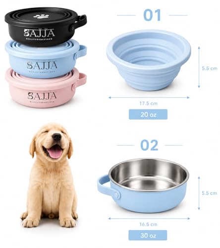 Blue Collapsible Travel Dog Bowl – BPA-Free Silicone & 18/8 Stainless Steel, Portable Non-Slip Food & Water Bowl with Handle, Bottle/Poop Bag Holder – Claim Your - color: Blue Bowl