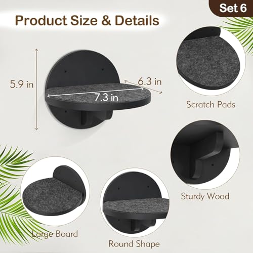 Cat Wall Shelves Furniture Set of 6, Wooden Cat Steps for with Scratching Pad, Sturdy Floating Climber Ladder Stairs, Cats Climbing Wall Systems for Cats Sleep Climb Play - color: black