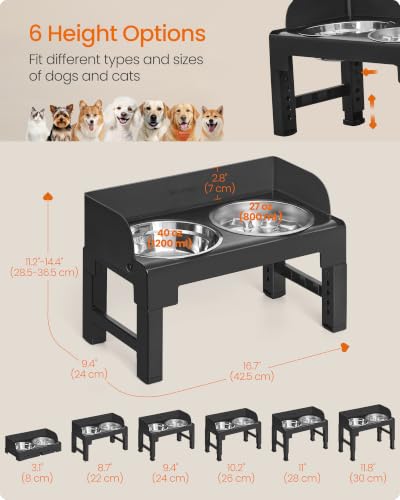 Feandrea Dog Bowls Elevated, Adjustable Height, Tilted Design - color: Ink Black, style: 1 Stainless Slow Bowl + 2 Stainless Basic Bowl