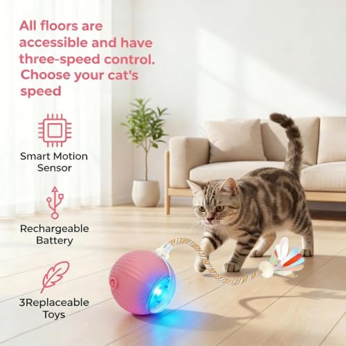 Interactive Cat Toy Ball, Automatic Rolling Toy, 3 Play Modes Rechargeable - color: Rose pink