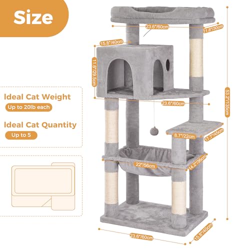 53”Cat Tree with Hammock & Extra Large Bed 23x12” for Large Cats - color: Gray, size: XLarge-53"