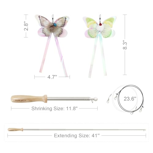 SONGWAY Cat Butterfly Toys Wand - 7 Pieces Cat Toy Set, Retractable Cat Wand with 6 Butterfly Cat Toys Replacement with Bells, Interactive Cat Toys for Indoor Cats Kittens - size: Butterfly