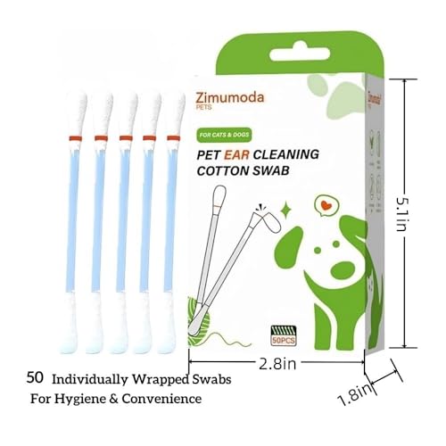 50 Pcs 2-in-1 Pet Ear Cleaning Cotton Swabs for Dogs & Cats - Essential Oil Infused Cat Ear Cleaner - Gentle Ear Wax Removal - Soothing Itch & Freshness - Individually Wrapped for Easy Use