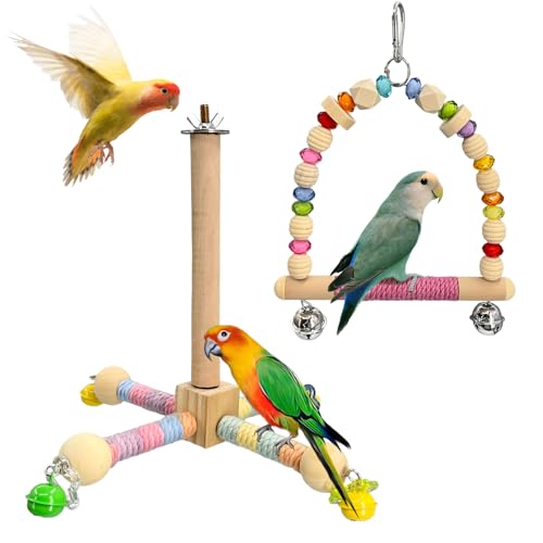 2 Pcs Parakeet Toys with 9 Inch Hanging Perch & 7.8 Inch Wooden Swing,Wooden Bird Cage Accessories to Relieve Boredom and Anxiety,Excellent for Parrots, Budgies, Cockatiels and Other Pet Birds