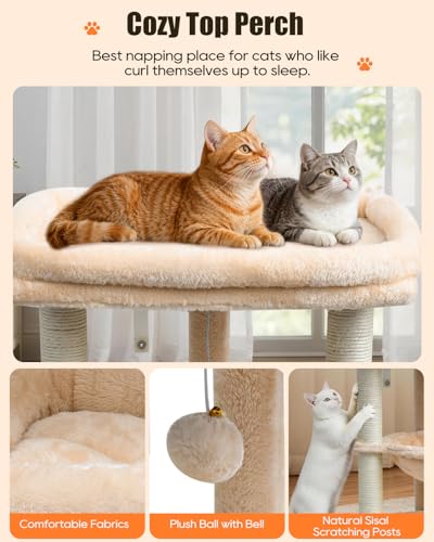 SYANDLVY Small Cat Tree for Indoor Cats with Top Perch Hammock & Bottom Bed - color: Beige