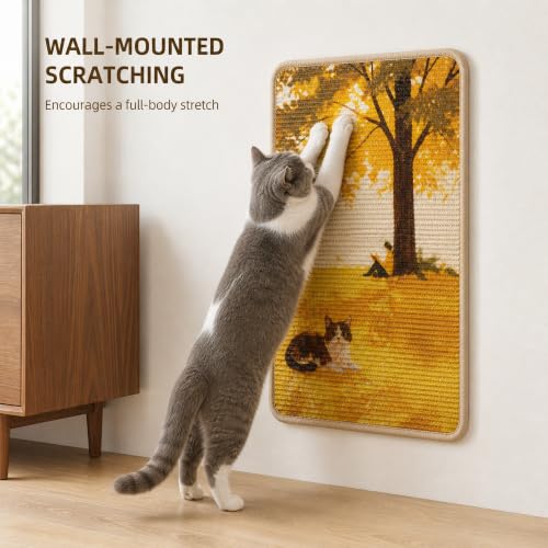Sisal Cat Scratching Mat, Wall Mounted or Floor Scratch Pad, Non-Slip Backing with Adhesive Strips, Furniture Protector for Cats, Durable Natural Fiber, Low Shedding, 23.6 x 15.7 Inch