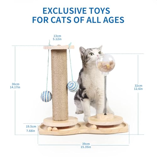 Marchul 4 in1 Interactive Cat Toy, Natural Sisal Cat Scratching Post with Hanging Balls, Cat Toys with Roller Track Ball by Wooden, Cat Food Feeder Toy with Treat Ball for Indoor Cats and Kittens