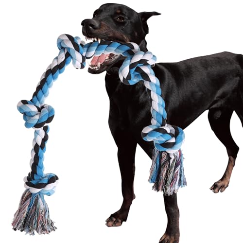 XIGOU Dog Rope Toys for Large Dogs Aggressive Chewers, Dog Chew Toys for Large Breed Indestructible, Heavy Duty Tough 3 Feet 5 Knots Dog Toy, Sturdy Rope toy for Dogs Tug of War Dog Toy Teeth Cleaning - color: Blue