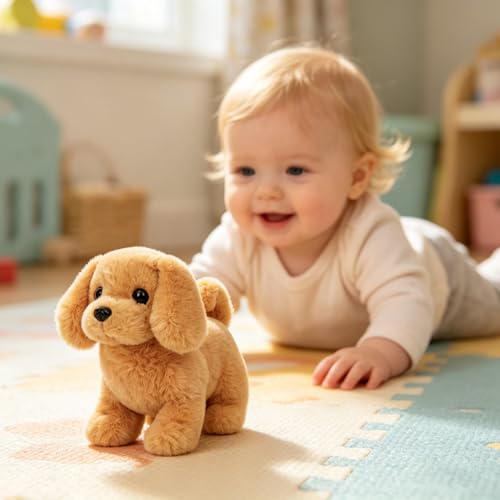 Hopearl Walking Dog Golden Retriever Interactive Electronic Pet Plush Toy Puppy Woof and Moving Animated Nodding Head Gifts for Toddlers Birthday, Dark Brown, 7'' - style: Dog-Dark Brown
