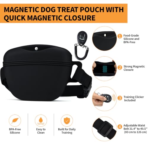 Silicone Dog Treat Pouch with Training Clicker - color: Black, size: 1 PACK