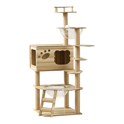 EUREKA ERGONOMIC Cat Tree Large 52 Inch, Wooden Cat Tower Multi-Level Cat Tree Tower for Indoor Cats Large Adult with Scratching Post, House, Pompoms, Cat Stand with Scratch Pad (Yellow) - size: CT02
