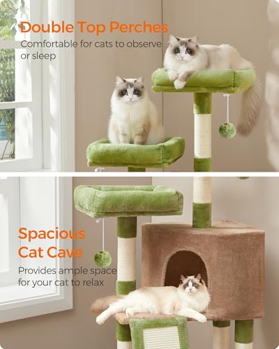 Feandrea Cat Tree, 45.3-Inch Cute Cat Tower, Climbing Condo, Green & Brown - color: Grass Green + Camel Brown