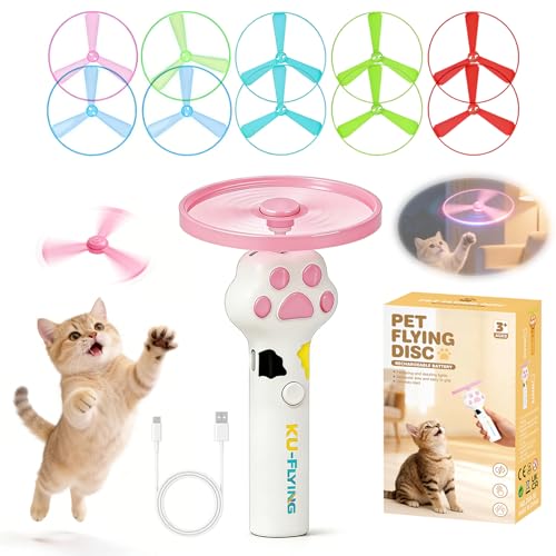 Cat Toy Disc Launcher,Rechargeable Interactive Cat Fetch Toy with 10 Discs - color: White