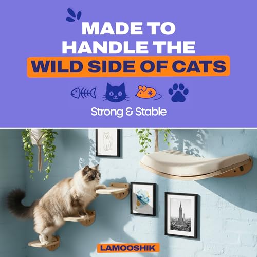 Cat Wall Shelves, Natural Floating Cat Furniture with Bed & Steps - color: Natural