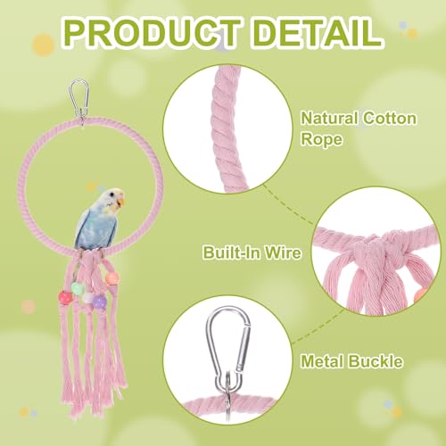 Bird Rope Perch Swing, Rope Ring Perch Standing Pole Accessory Climbing Swing Paw Grinding 14 Inch, (Pink) Intended for Parrot/Parakeet/Budgies/Cockatiels/Lovebirds - color: Pink, size: 14 Inch
