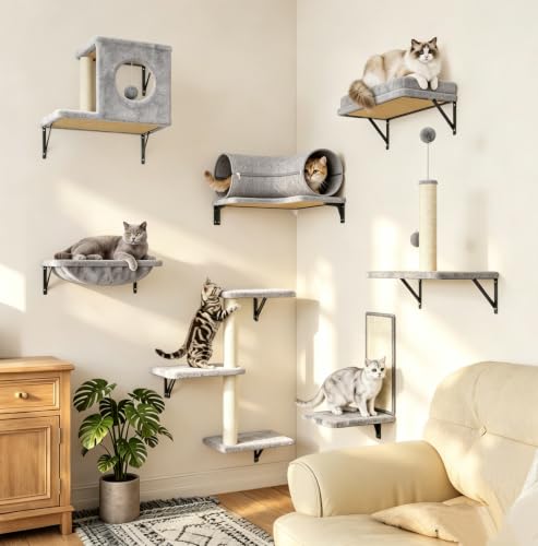 8-in-1 Cat Wall Shelves, Cat Wall Furniture Set - color: Light Grey