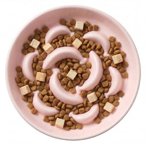 Ceramic Slow Feeder Cat Bowl, 6.3'' Wide Whisker Friendly Cat Puzzle Feeder - color: Bowl-Pastel Pink, size: 1.2"H Standard