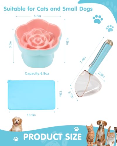 Ceramic Elevated Slow Feeder Cat Bowl Set with Feeding Mat & Measuring Scoop, Raised Tilted Puzzle Bowl for Cats & Small Dogs, Whisker Friendly Pet Feeding Dish for Dry Wet Food (Blue) - color: Blue