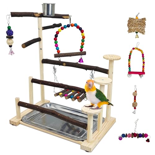 PINVNBY Wood Parrot Perch Stand Bird Playground Portable Exercise Bird Gym - size: Three Floors With Chew Toys