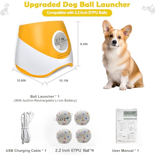 Automatic Dog Ball Launcher for Small to Medium Dogs, 2.2 Inch ETPU Dog Ball Thrower, 3 Distance Adjustable 19-39 Ft Interactive Dog Toy, Mental Stimulating Puppy Toy with 4 ETPU Balls (Orange) - color: Orange