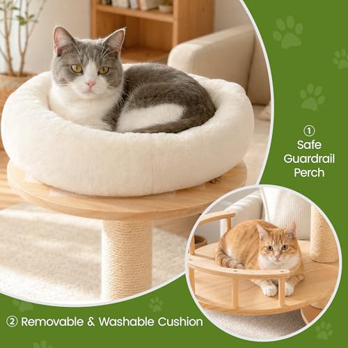 48 Inch Solid Wood Cat Tree, Modern Cat Tower for Indoor Cats, Chessboard Style Cat Condo with Guardrail Perch, Sisal Scratching Posts, Washable Cushion, Hanging Balls, Natural