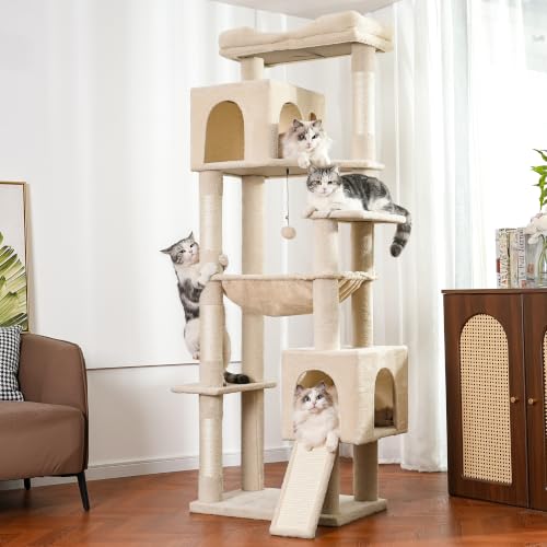 XXL Cat Tree Tower 70”with Oversized Bed, Hammock, 2 Condos - color: Beige, size: XXL-70"