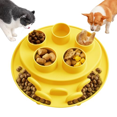 Puzzle Feeder Slow Feeder, Interactive Cat Puzzle Toy for Mental Stimulation, Dishwasher Safe Silicone Enrichment Toys, Reduces Boredom and Trains Intelligence, Yellow - color: Yellow