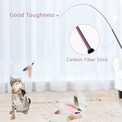 SONGWAY Interactive Cat Feather Toy Set - Retractable Teaser Wand with 6 Pcs Feather Refills with Bell, Cat Wand Toys for Indoor Cats Kittens Play Chase Exercise, Light Pink - color: Light Pink