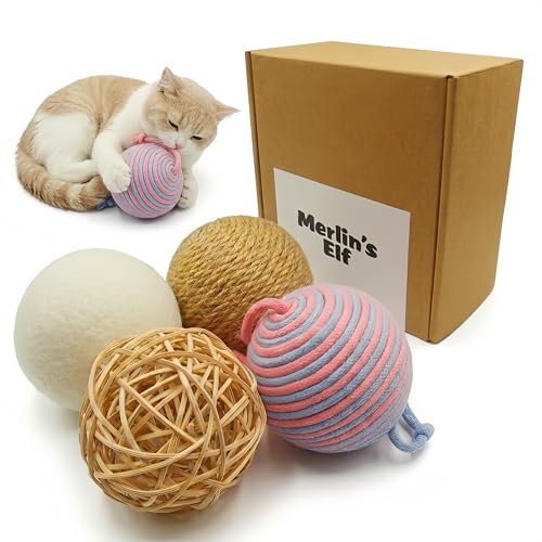 Merlin's Elf Cat Toy Balls for Indoor Cats and Kittens, Natural Sisal, Wool Felt, Rattan and Cotton Balls for Chasing and Interactive Play, 4 Pack