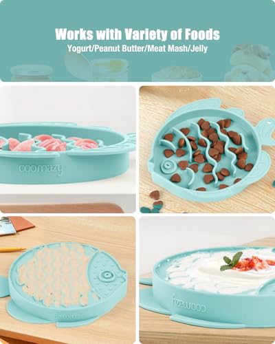Coomazy Slow Feeder Cat Bowl Silicone Pet Puzzle Feeder for Slow Eating - color: Cyan, size: 1.2 Cups