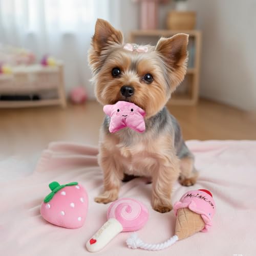 4-Pack Squeaky Plush Dog Toys for Small Dogs – Puppy Toys Gift Set, Soft Chew Toys for Chihuahua, Yorkie, Poodle | Pink Themed (Strawberry, Star, Ice Cream, Lollipop)