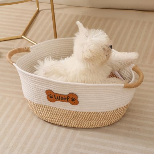 Dog Toy Basket, Dog Toy Box Organizer Baskets, Woven Cotton Rope Pet Puppy Dogs Toy Bin With Handle, Chew Toys Blankets Leashes Storage Baskets for All Pets - Puppies to Large 14" L x 10.2" W x H 7.9" - color: Yellow Woof
