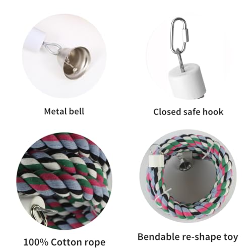65 inch Length Colorful Cotton Bendable Rope Perch Swing Bird Chew Toys Amazon Parrots Cage Toys with Bell Swing Climbing Standing Bungee Bird Toys for Large to Regular Birds - size: 65'x1pc