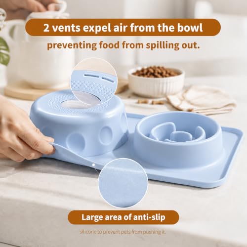 Slow Feeder Dog Bowl and Cat Water Bowl Set, 2 in 1 Pet Food and Water Bowl with Spill Proof Tray, Maze Puzzle Slow Eating Bowl for Cats and Dogs Blue - color: Blue, size: Double