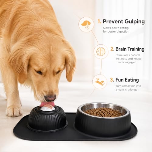2-in-1 Dog Licking Bowl with Rolling Ball, Stainless Steel Dog Bowls & No-Spill Silicone Lick Mat for Dogs, Wet Dry Separation Dog Slow Feeder Puzzle Licking Toy for Dogs and Cats