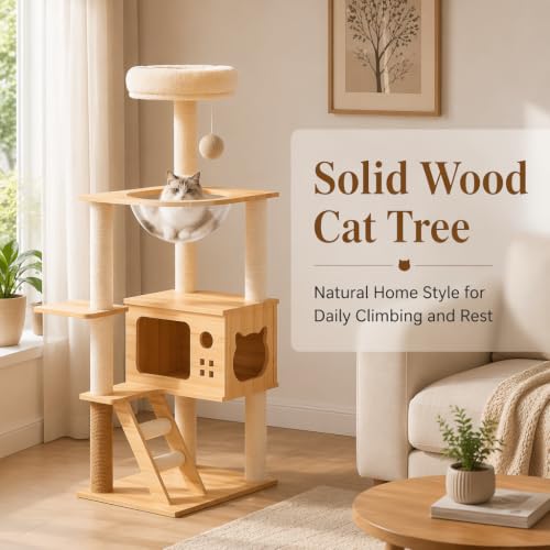 Solid Wood Cat Tree with Clear Space Capsule Nest, Multi-Level Cat Tower with Condo, Sisal Scratching Posts & Ladder, Indoor Activity Cat Perch Furniture for Kitten Adult Cats - color: Style B