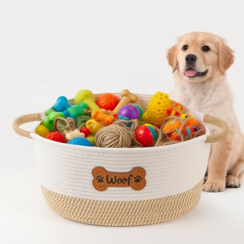 Dog Toy Basket, Dog Toy Box Organizer Baskets, Woven Cotton Rope Pet Puppy Dogs Toy Bin With Handle, Chew Toys Blankets Leashes Storage Baskets for All Pets - Puppies to Large 14" L x 10.2" W x H 7.9" - color: Yellow Woof