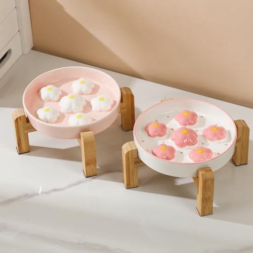 Elevated Ceramic Slow Feeder Cat Bowl with Anti-Slip Bamboo Stand - color: White + Stand