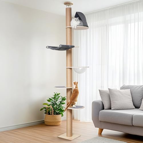 FUKUMARU Floor to Ceiling Cat Tree, 6-10 ft, 6 Level, Grey - color: Grey
