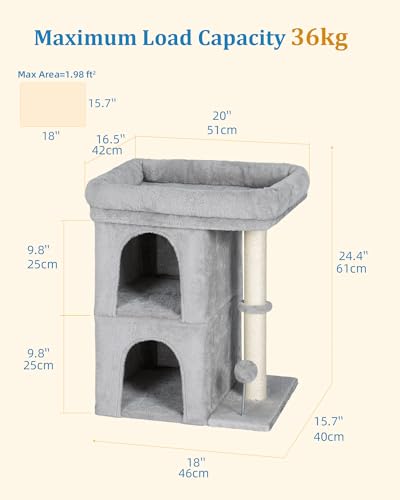 Aechonow Cat Tree for Large Cat,2 Cozy Cat Condo House for Large & Fat Cats - color: 24''Light Grey