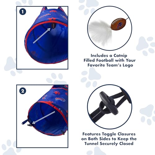 NFL Buffalo Bills Cat Tunnel Tube Toy with Plush Football Catnip and Feathers Collapsible Tunnel for Cats to Play, Peek and Hide, Sporty & Fun Cat Tunnel Toy with Team Logo All-Over Design! - color: Buffalo Bills