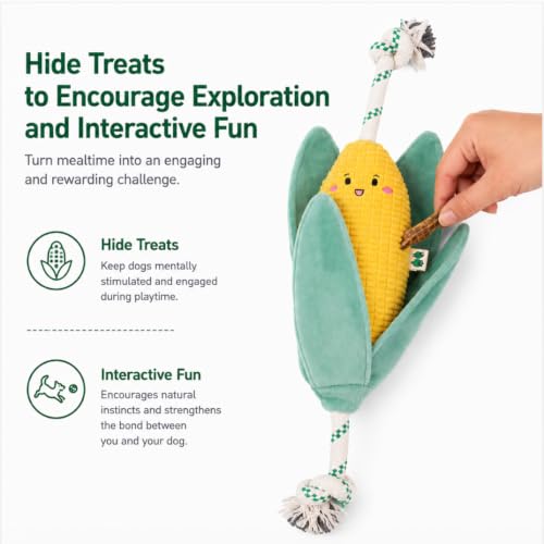 Green Sheep Interactive Plush Dog Toy, No Stuffing Squeaky Toy with Recycled Cotton Rope for Medium to Large Dogs, Chew Toy, Corn - color: Corn（L）