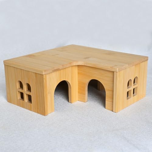 0.3" Thick Bamboo Hamster Maze, Pre-Assembled L-Shape Wooden Hideout, Safe One-Piece Fixed Construction, Large Nesting Habitat for Syrian Hamster, Gerbil, 11.6 x 11.6 x 5.1 in, Large