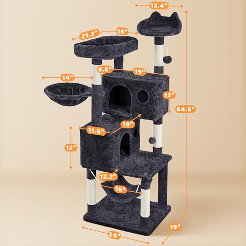 Yaheetech 64.5in Cat Tree for Large Cats with 2 Condos, 2 Perches - color: Black, size: 64.5in