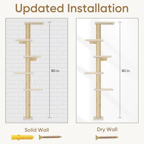 PAWSCRAT 5-Tier Wall-Mounted Cat Tree, 80-Inch Sisal Post, Beige - color: Beige
