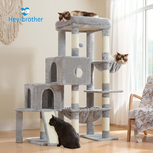 Hey-brother Cat Tree Tower with Plush Steped Condos, Big Platform, MPJ071W - color: Light Gray, size: 50 inches